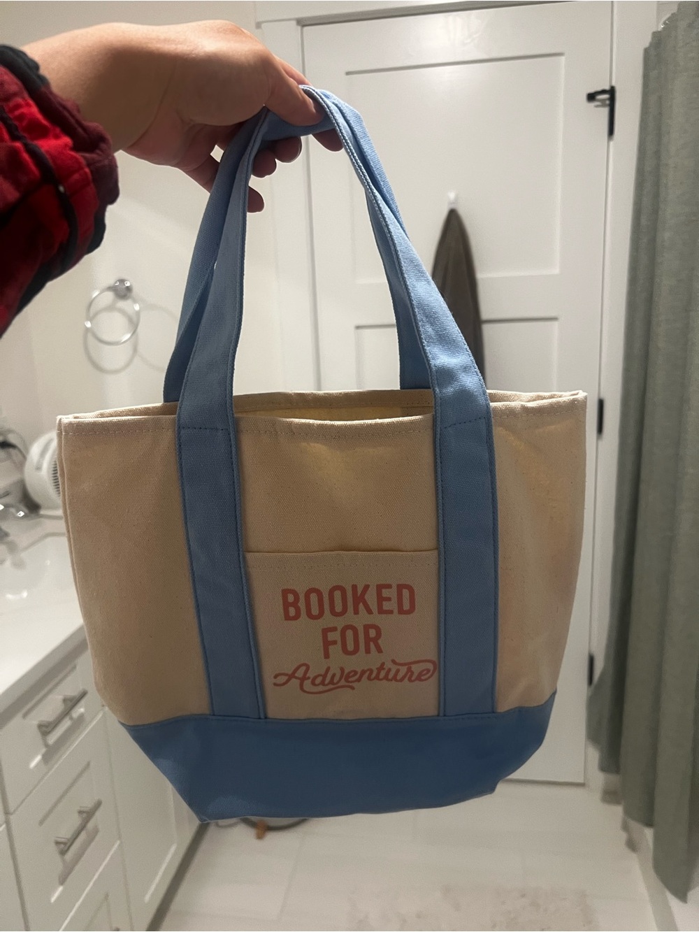 Canvas Tote Bag "Booked for Adventure" — Blue and Cream